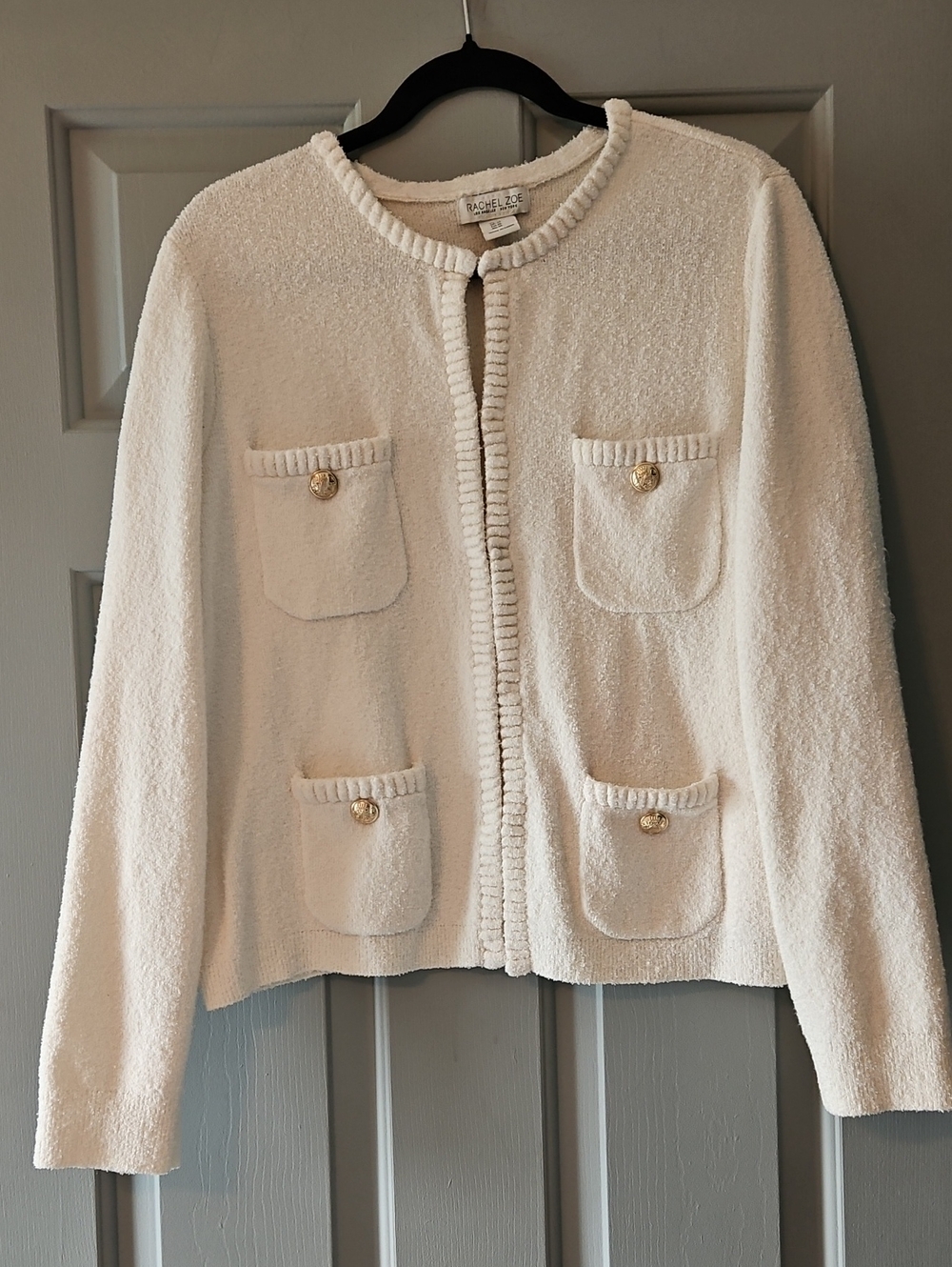 Rachel Zoe White Bouclé Pocket Cardigan Sweater XL Gold Button Quiet Luxury